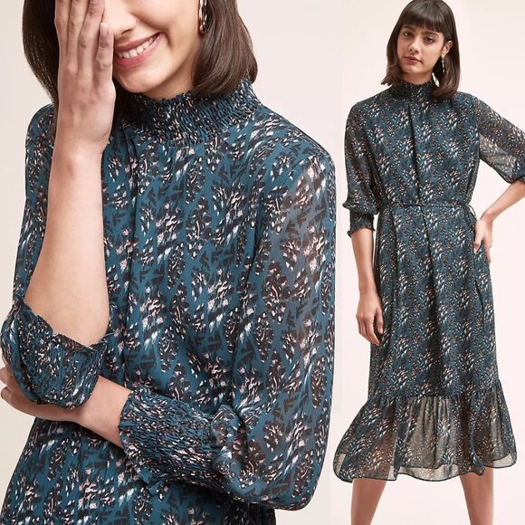 Anthropologie Seen Worn Kept Davina Leopard Belted Midi Dress Hunter Green US 8 - Picture 1 of 16